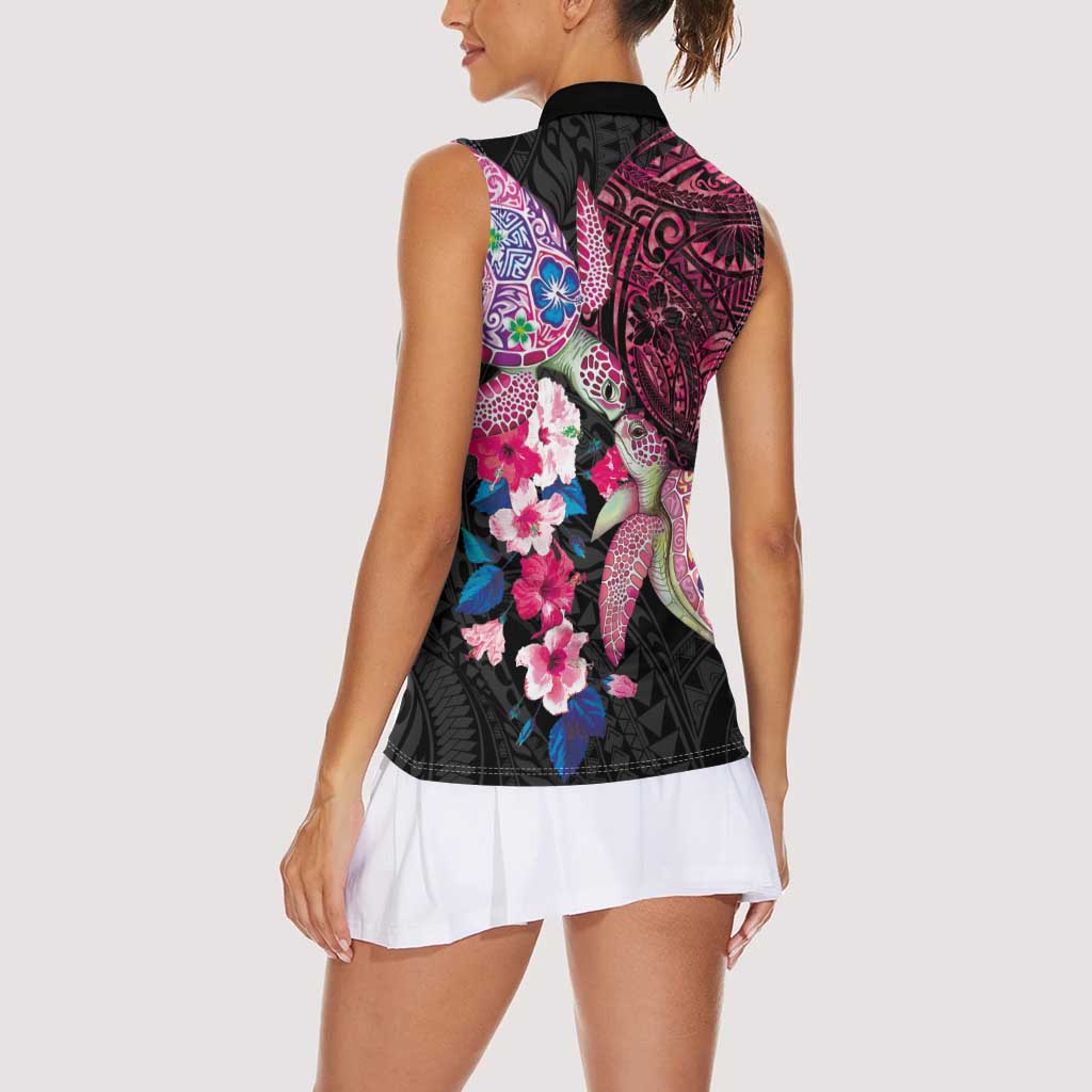 Hawaiian Couple Turtles Honi Women Sleeveless Polo Shirt Polynesian Art Motifs and Hibiscus Black Red Color - Polynesian Pride