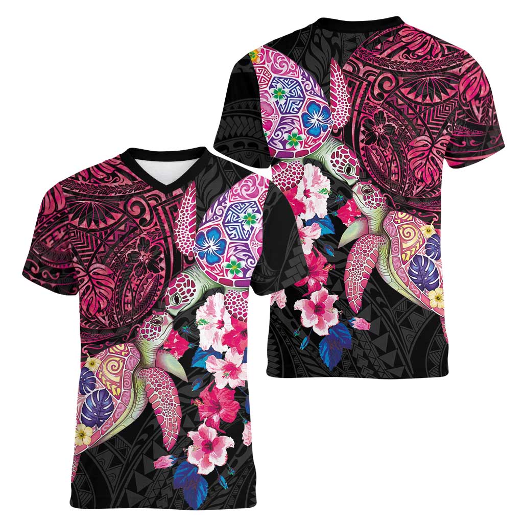 Hawaiian Couple Turtles Honi Women V-Neck T-Shirt Polynesian Art Motifs and Hibiscus Black Red Color - Polynesian Pride