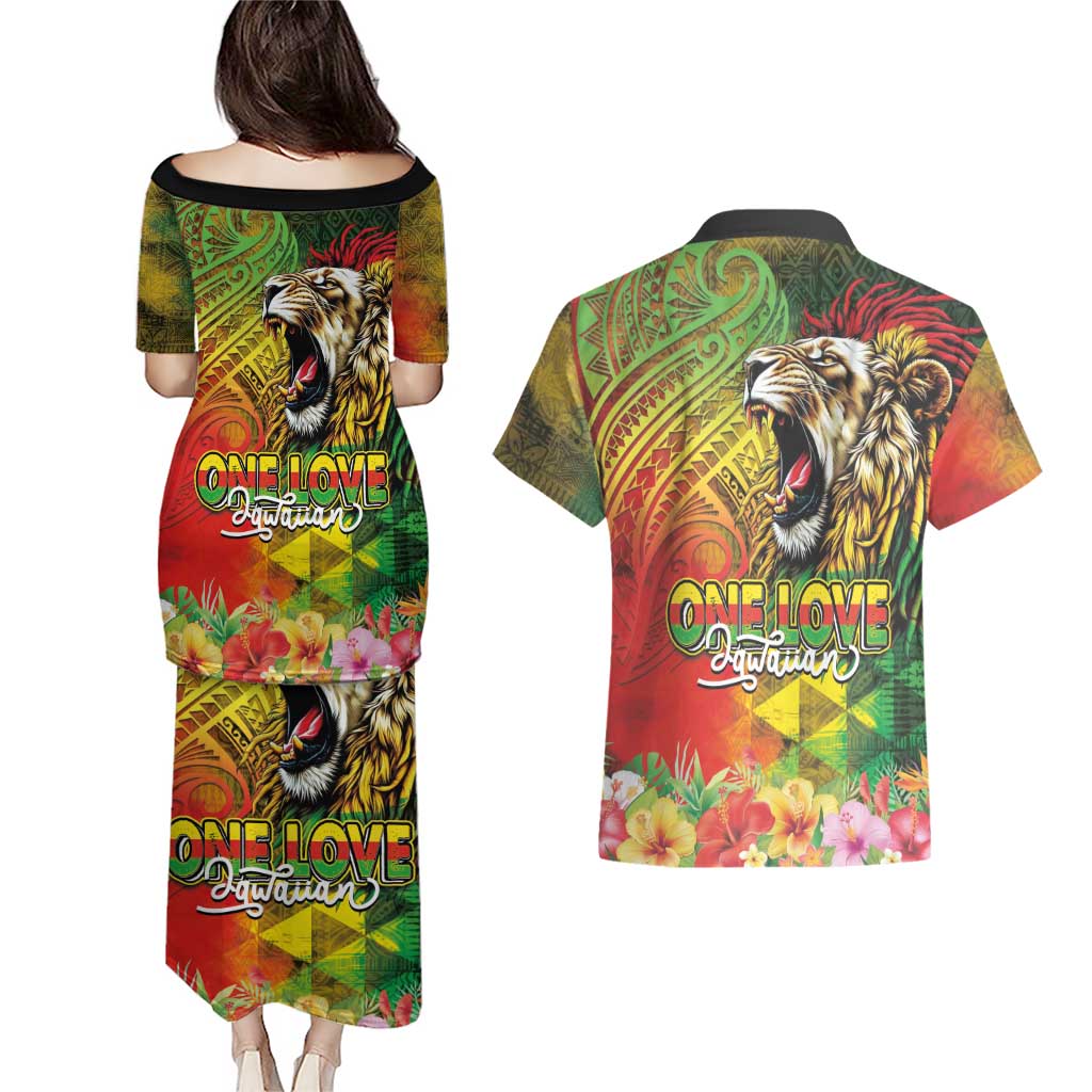 Hawaiian Reggae Couples Matching Puletasi and Hawaiian Shirt Jawaiian One Love-Tribal Tatoos and Rastafari Lion - Polynesian Pride