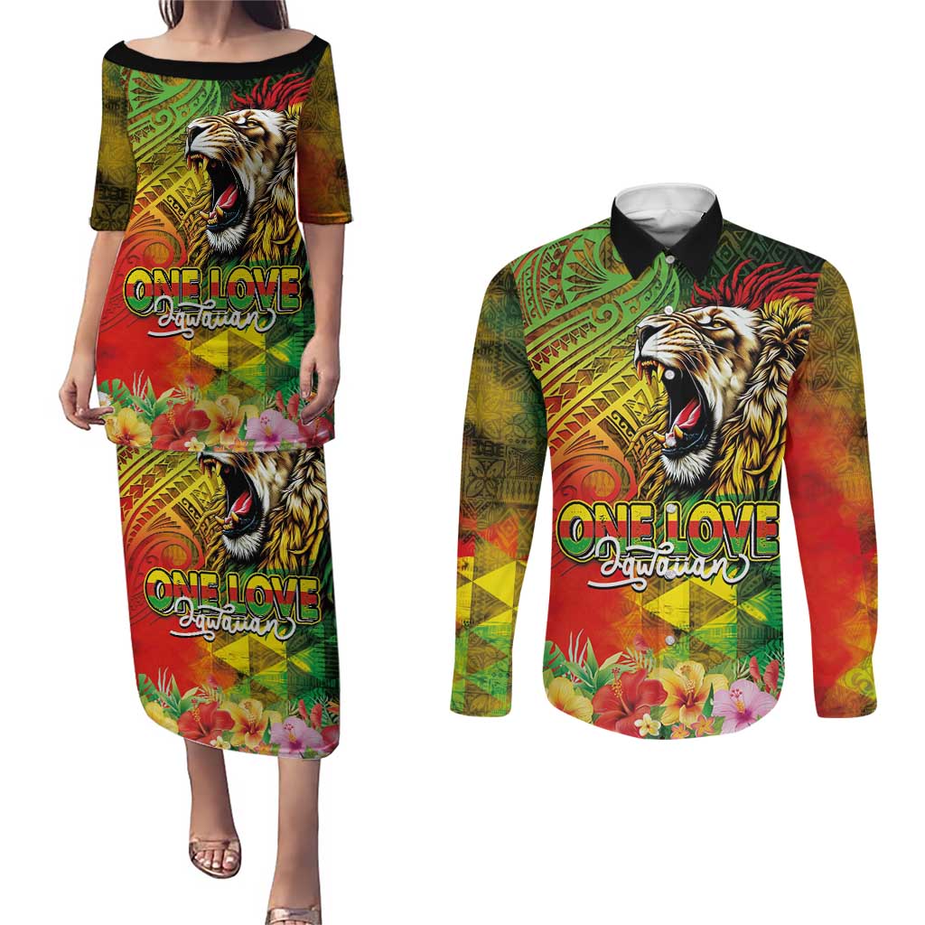 Hawaiian Reggae Couples Matching Puletasi and Long Sleeve Button Shirt Jawaiian One Love-Tribal Tatoos and Rastafari Lion - Polynesian Pride