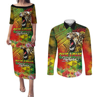 Hawaiian Reggae Couples Matching Puletasi and Long Sleeve Button Shirt Jawaiian One Love-Tribal Tatoos and Rastafari Lion - Polynesian Pride