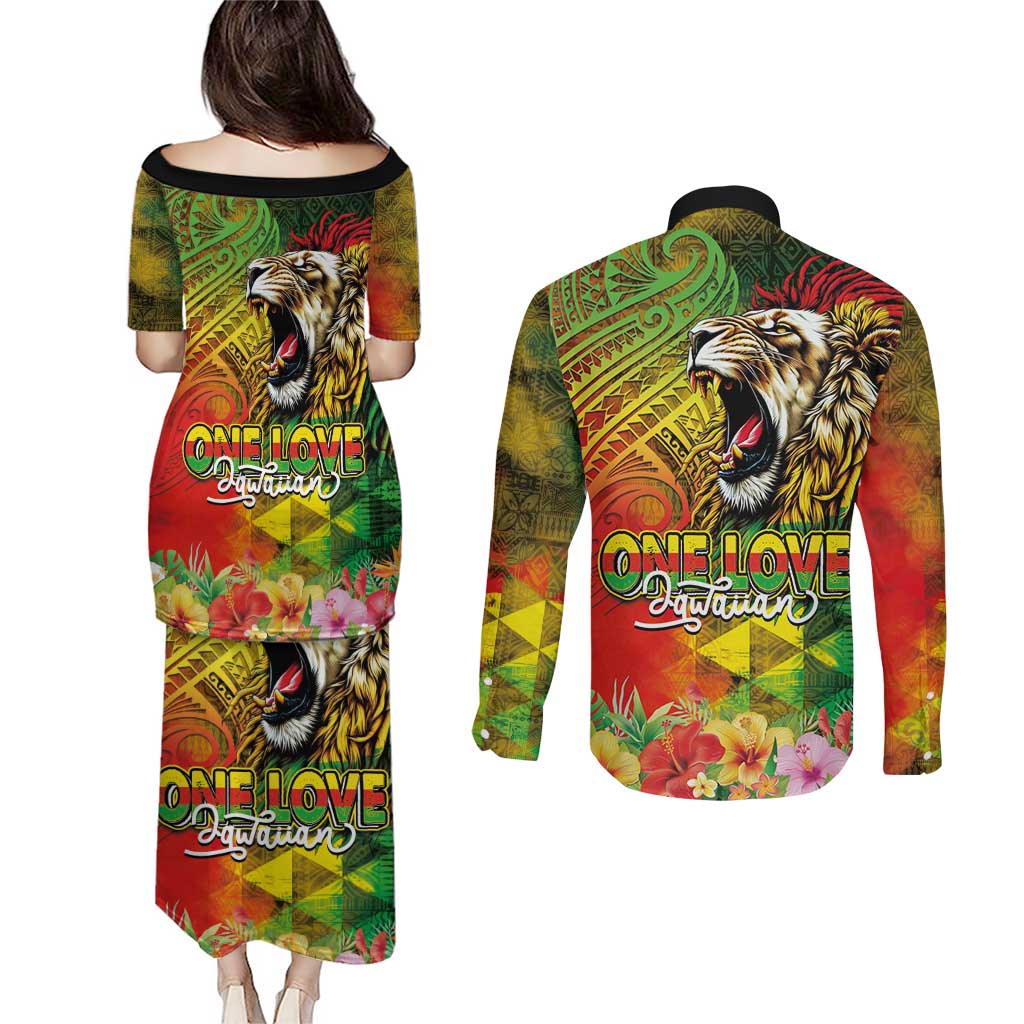 Hawaiian Reggae Couples Matching Puletasi and Long Sleeve Button Shirt Jawaiian One Love-Tribal Tatoos and Rastafari Lion - Polynesian Pride