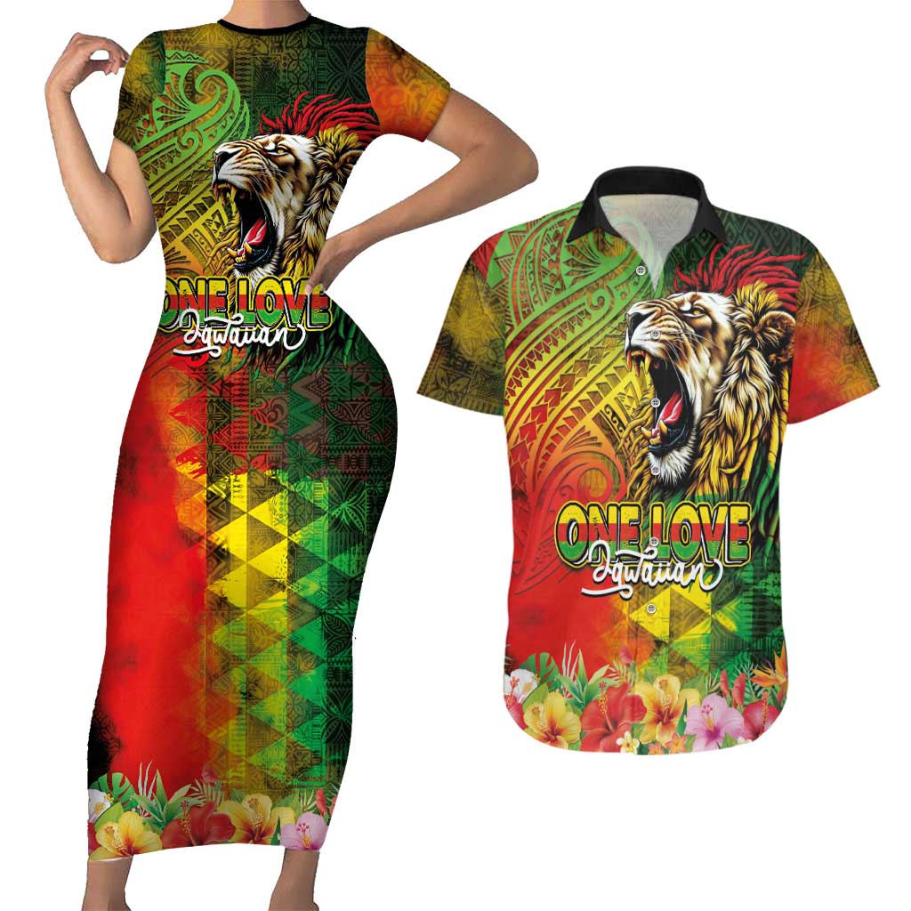 Hawaiian Reggae Couples Matching Short Sleeve Bodycon Dress and Hawaiian Shirt Jawaiian One Love-Tribal Tatoos and Rastafari Lion - Polynesian Pride