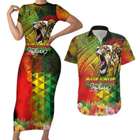 Hawaiian Reggae Couples Matching Short Sleeve Bodycon Dress and Hawaiian Shirt Jawaiian One Love-Tribal Tatoos and Rastafari Lion - Polynesian Pride