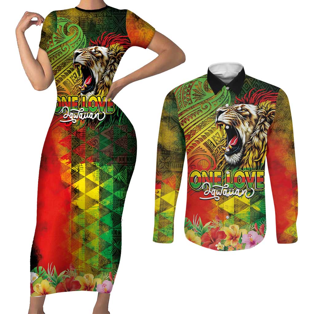 Hawaiian Reggae Couples Matching Short Sleeve Bodycon Dress and Long Sleeve Button Shirt Jawaiian One Love-Tribal Tatoos and Rastafari Lion - Polynesian Pride