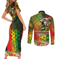 Hawaiian Reggae Couples Matching Short Sleeve Bodycon Dress and Long Sleeve Button Shirt Jawaiian One Love-Tribal Tatoos and Rastafari Lion - Polynesian Pride
