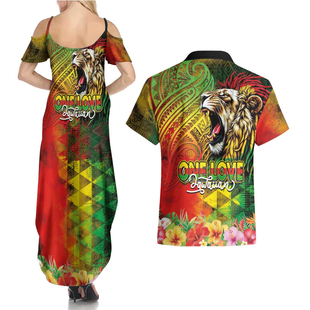 Hawaiian Reggae Couples Matching Summer Maxi Dress and Hawaiian Shirt Jawaiian One Love-Tribal Tatoos and Rastafari Lion - Polynesian Pride