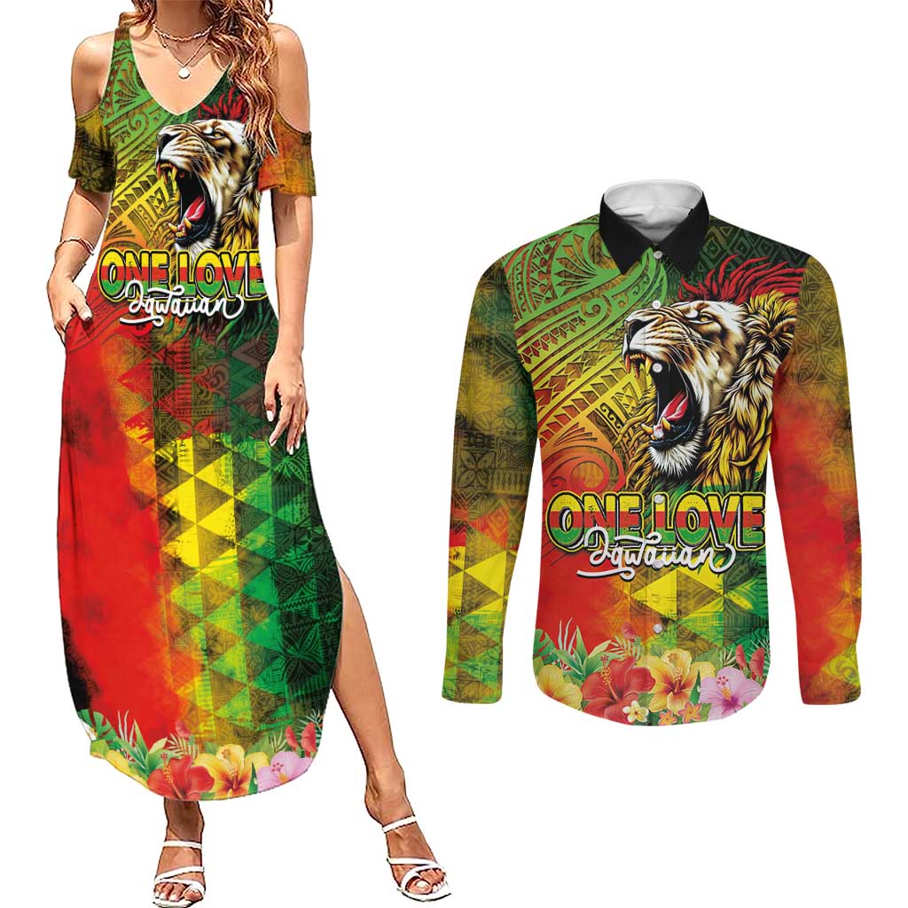 Hawaiian Reggae Couples Matching Summer Maxi Dress and Long Sleeve Button Shirt Jawaiian One Love-Tribal Tatoos and Rastafari Lion - Polynesian Pride