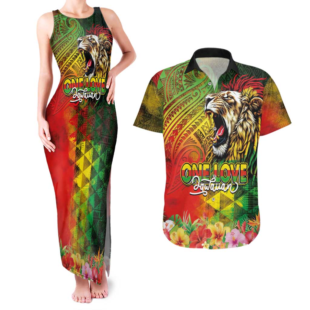 Hawaiian Reggae Couples Matching Tank Maxi Dress and Hawaiian Shirt Jawaiian One Love-Tribal Tatoos and Rastafari Lion LT03 Multicolor - Polynesian Pride