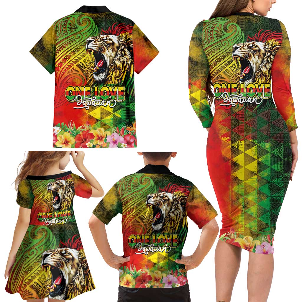 Hawaiian Reggae Family Matching Long Sleeve Bodycon Dress and Hawaiian Shirt Jawaiian One Love-Tribal Tatoos and Rastafari Lion LT03 - Polynesian Pride