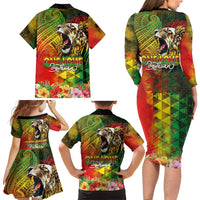 Hawaiian Reggae Family Matching Long Sleeve Bodycon Dress and Hawaiian Shirt Jawaiian One Love-Tribal Tatoos and Rastafari Lion LT03 - Polynesian Pride