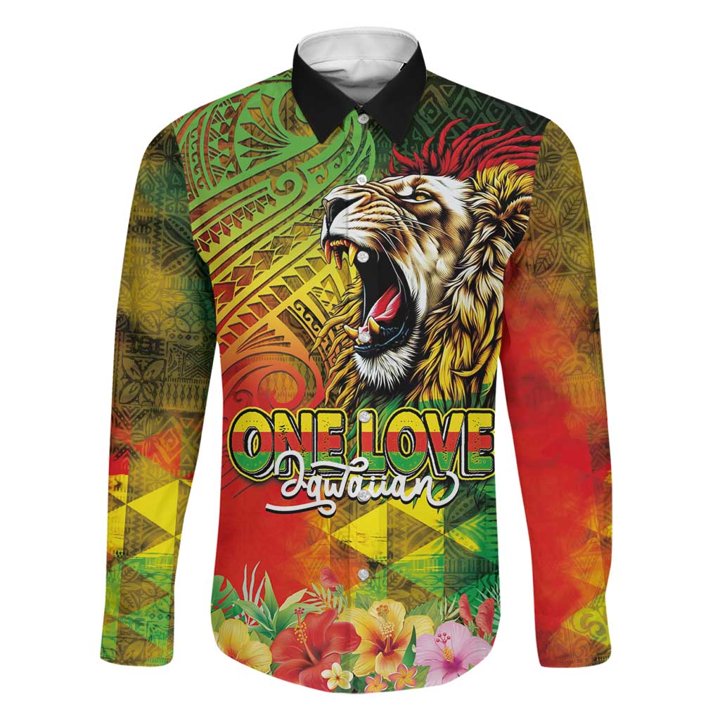 Hawaiian Reggae Family Matching Long Sleeve Bodycon Dress and Hawaiian Shirt Jawaiian One Love-Tribal Tatoos and Rastafari Lion LT03 Dad's Shirt - Long Sleeve Multicolor - Polynesian Pride
