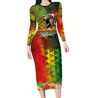 Hawaiian Reggae Family Matching Long Sleeve Bodycon Dress and Hawaiian Shirt Jawaiian One Love-Tribal Tatoos and Rastafari Lion LT03 Mom's Dress Multicolor - Polynesian Pride