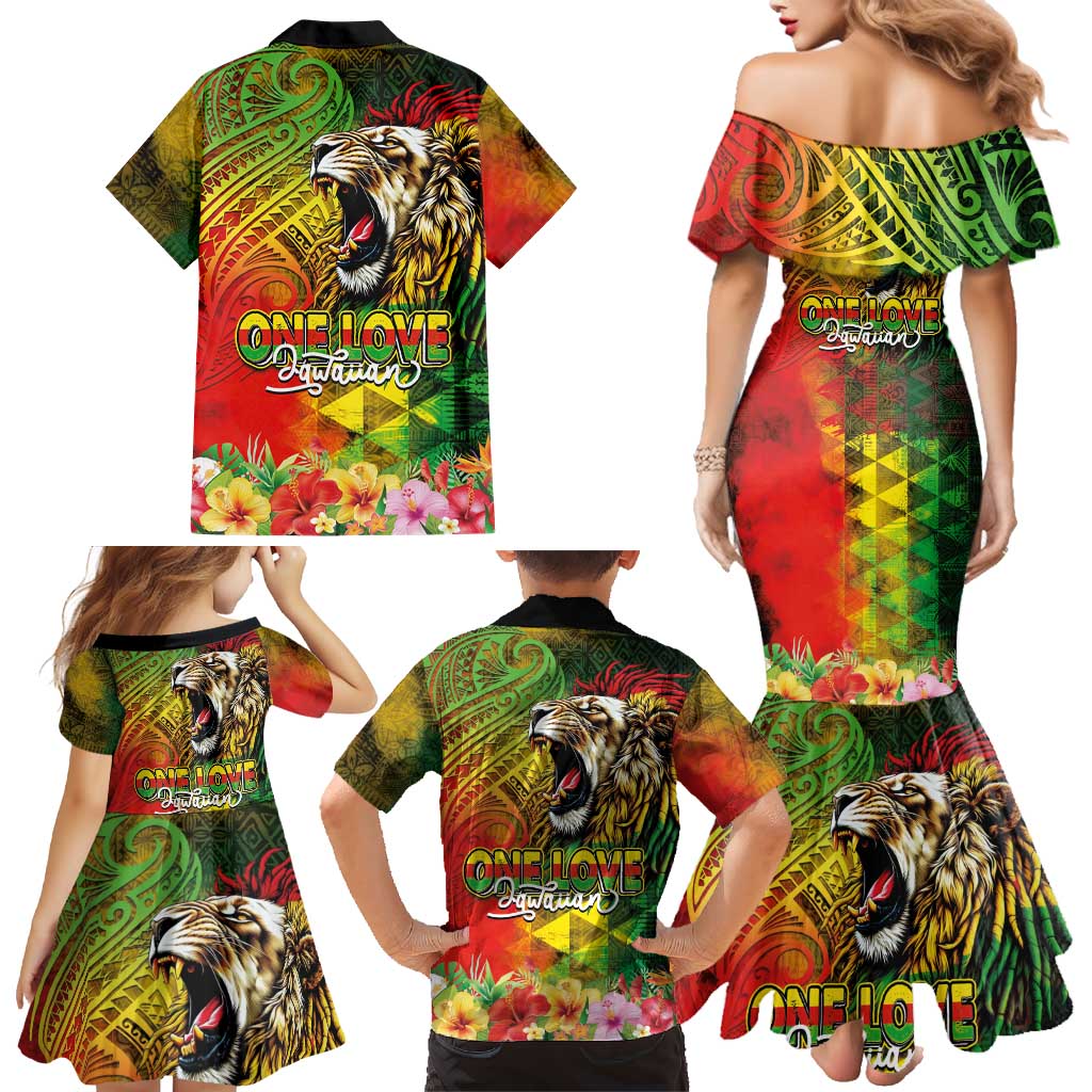 Hawaiian Reggae Family Matching Mermaid Dress and Hawaiian Shirt Jawaiian One Love-Tribal Tatoos and Rastafari Lion - Polynesian Pride