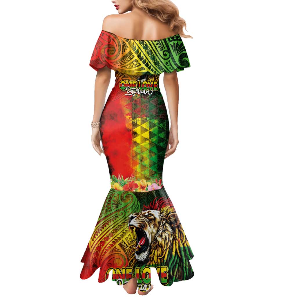 Hawaiian Reggae Family Matching Mermaid Dress and Hawaiian Shirt Jawaiian One Love-Tribal Tatoos and Rastafari Lion - Polynesian Pride