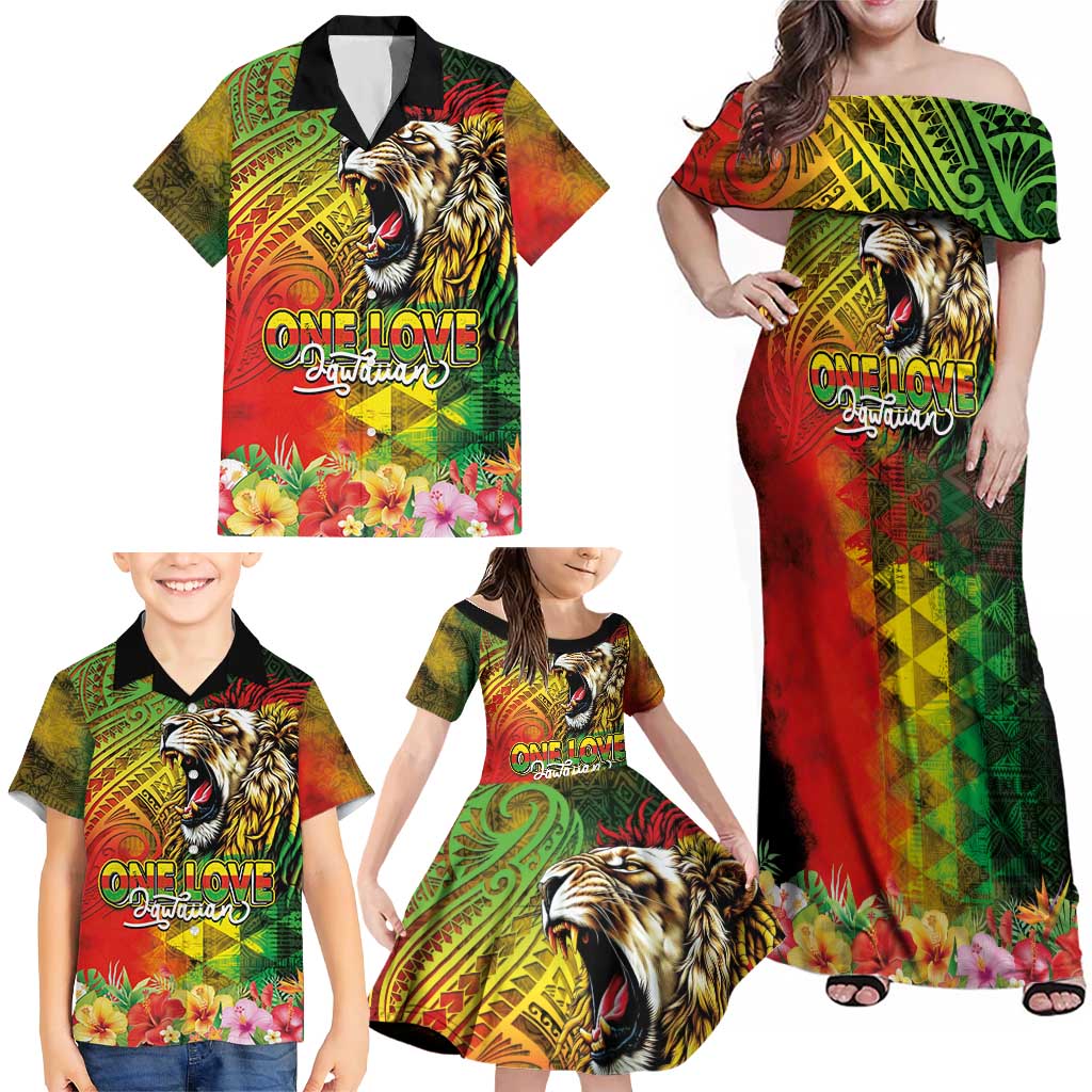 Hawaiian Reggae Family Matching Off Shoulder Maxi Dress and Hawaiian Shirt Jawaiian One Love-Tribal Tatoos and Rastafari Lion - Polynesian Pride