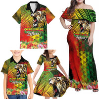 Hawaiian Reggae Family Matching Off Shoulder Maxi Dress and Hawaiian Shirt Jawaiian One Love-Tribal Tatoos and Rastafari Lion - Polynesian Pride