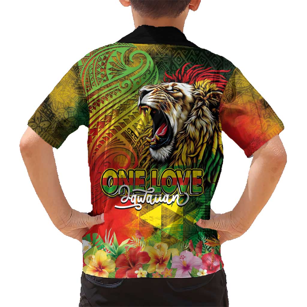 Hawaiian Reggae Family Matching Off Shoulder Short Dress and Hawaiian Shirt Jawaiian One Love-Tribal Tatoos and Rastafari Lion LT03 - Polynesian Pride