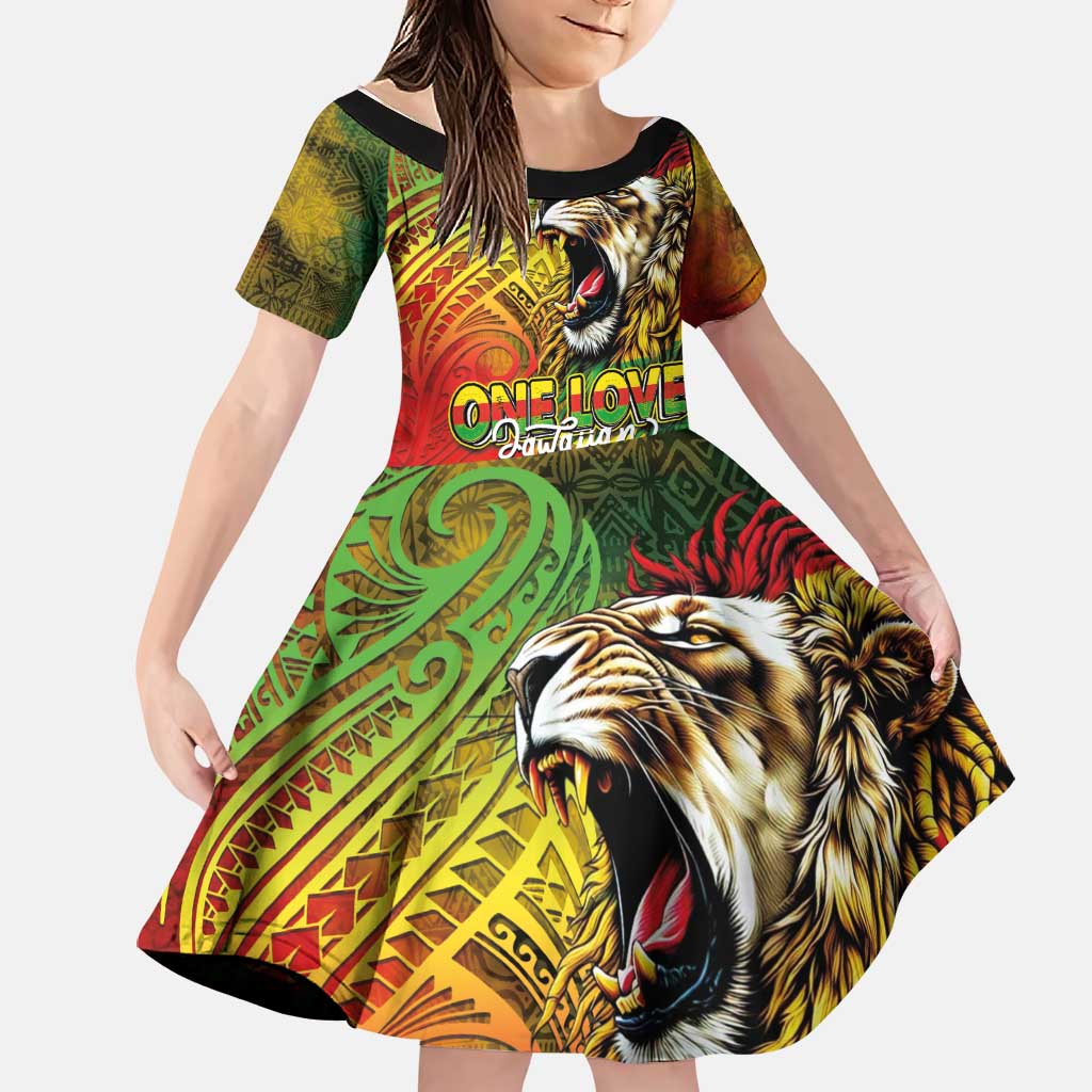 Hawaiian Reggae Family Matching Off Shoulder Short Dress and Hawaiian Shirt Jawaiian One Love-Tribal Tatoos and Rastafari Lion LT03 Daughter's Dress Multicolor - Polynesian Pride