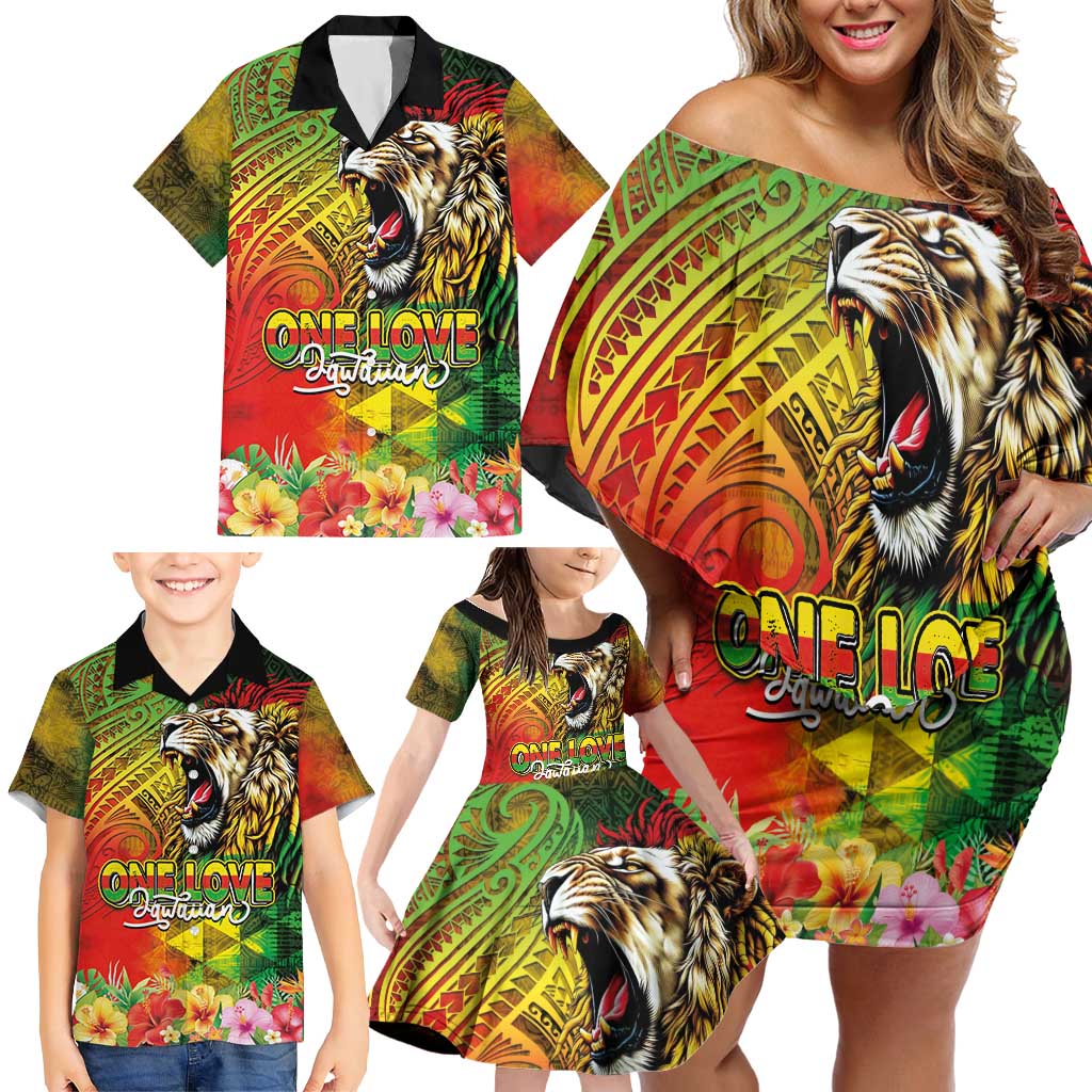 Hawaiian Reggae Family Matching Off Shoulder Short Dress and Hawaiian Shirt Jawaiian One Love-Tribal Tatoos and Rastafari Lion LT03 - Polynesian Pride