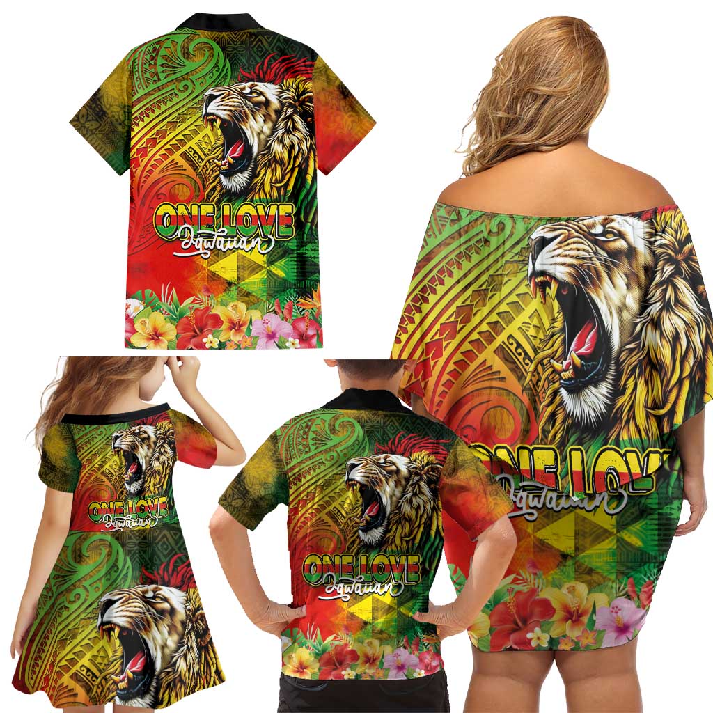 Hawaiian Reggae Family Matching Off Shoulder Short Dress and Hawaiian Shirt Jawaiian One Love-Tribal Tatoos and Rastafari Lion LT03 - Polynesian Pride