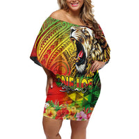 Hawaiian Reggae Family Matching Off Shoulder Short Dress and Hawaiian Shirt Jawaiian One Love-Tribal Tatoos and Rastafari Lion LT03 Mom's Dress Multicolor - Polynesian Pride