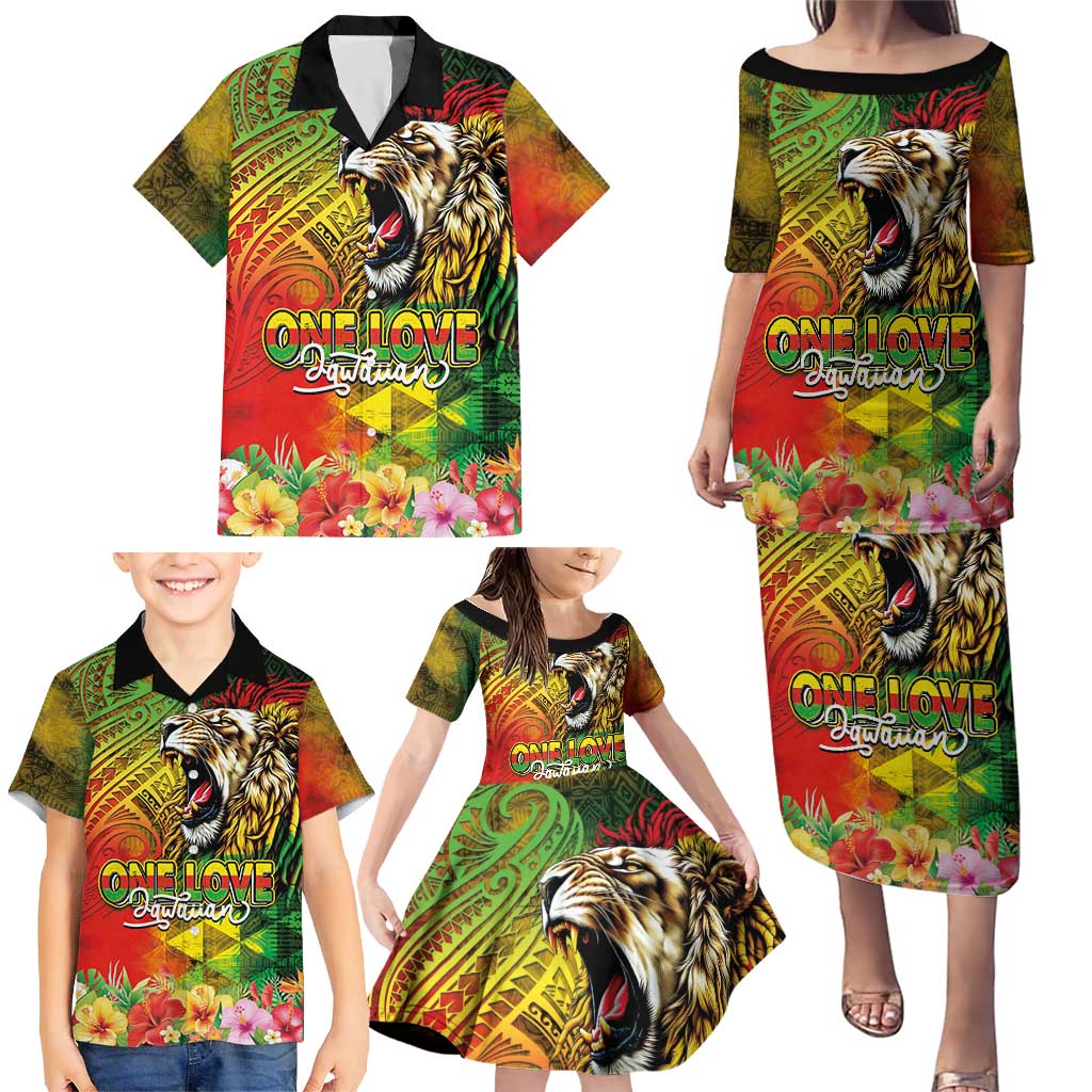 Hawaiian Reggae Family Matching Puletasi and Hawaiian Shirt Jawaiian One Love-Tribal Tatoos and Rastafari Lion - Polynesian Pride