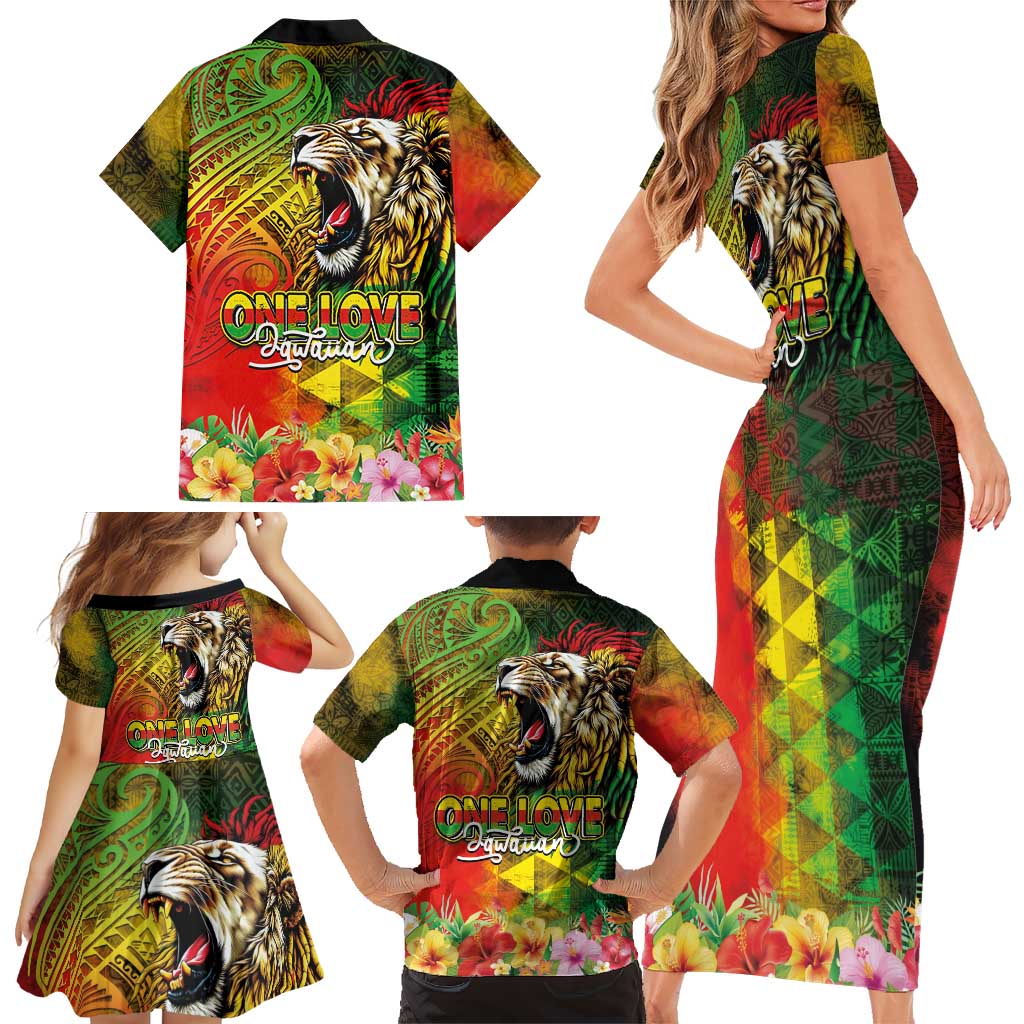 Hawaiian Reggae Family Matching Short Sleeve Bodycon Dress and Hawaiian Shirt Jawaiian One Love-Tribal Tatoos and Rastafari Lion - Polynesian Pride