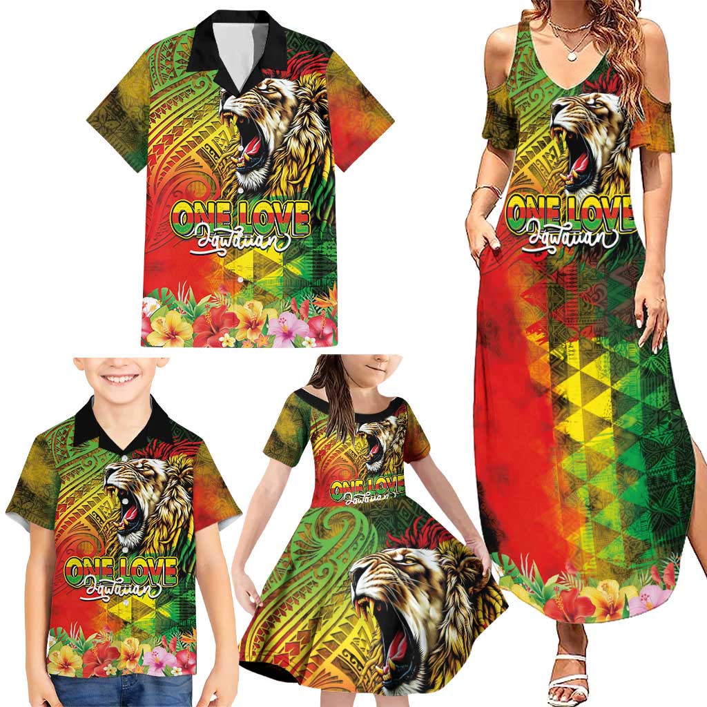 Hawaiian Reggae Family Matching Summer Maxi Dress and Hawaiian Shirt Jawaiian One Love-Tribal Tatoos and Rastafari Lion - Polynesian Pride