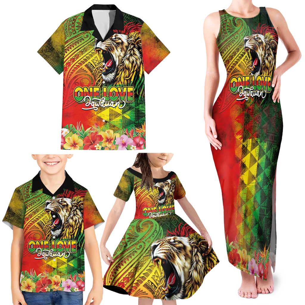 Hawaiian Reggae Family Matching Tank Maxi Dress and Hawaiian Shirt Jawaiian One Love-Tribal Tatoos and Rastafari Lion - Polynesian Pride