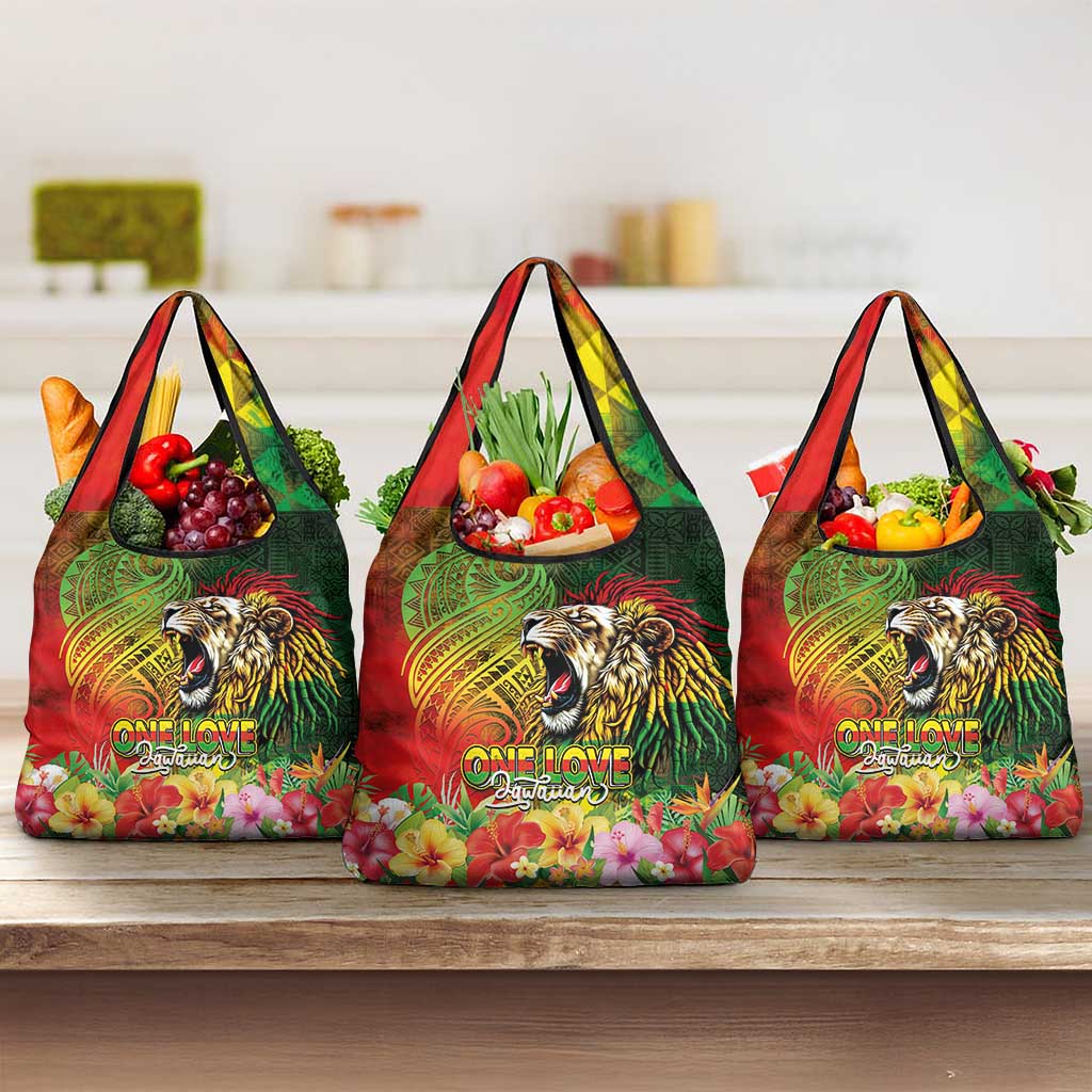 Hawaiian Reggae Grocery Bag Jawaiian One Love-Tribal Tatoos and Rastafari Lion - Polynesian Pride