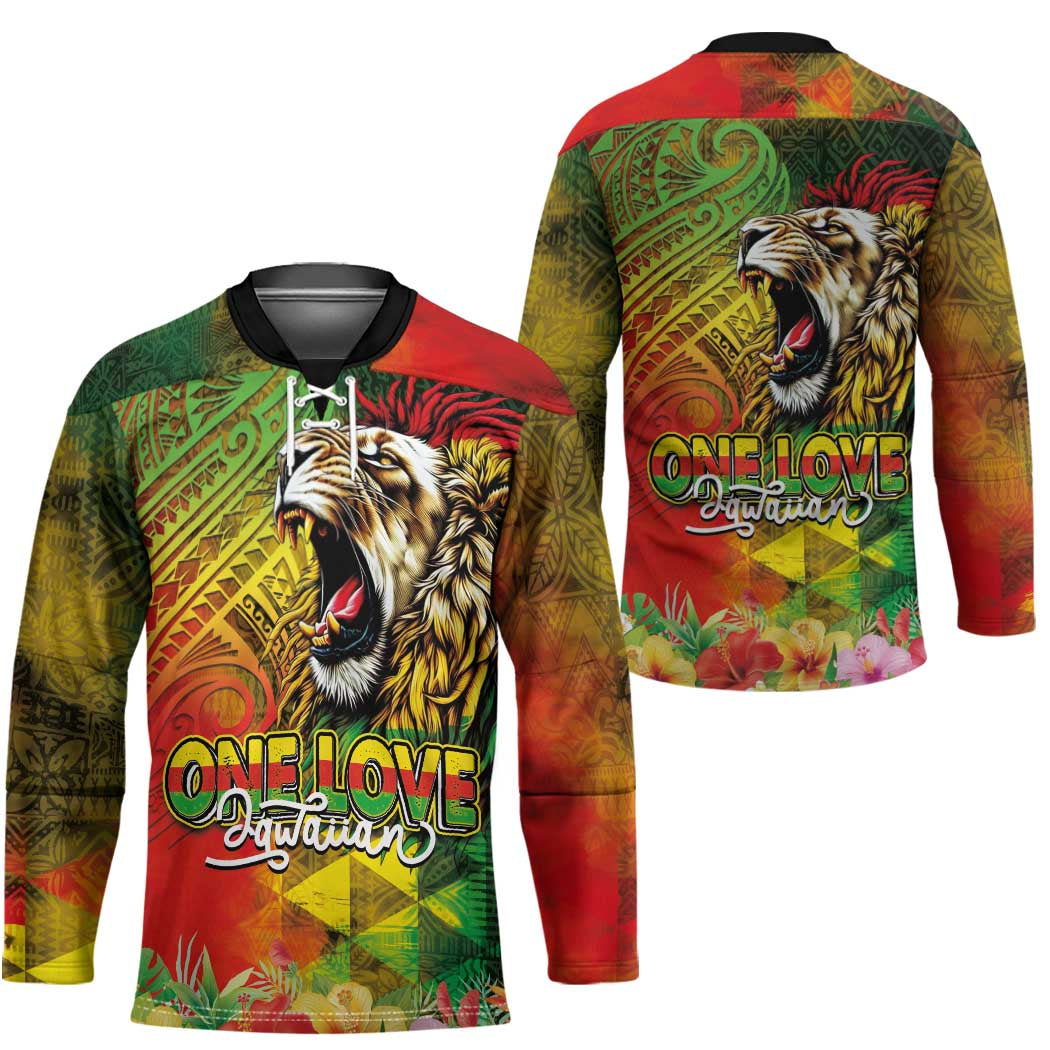 Hawaiian Reggae Hockey Jersey Jawaiian One Love-Tribal Tatoos and Rastafari Lion - Polynesian Pride