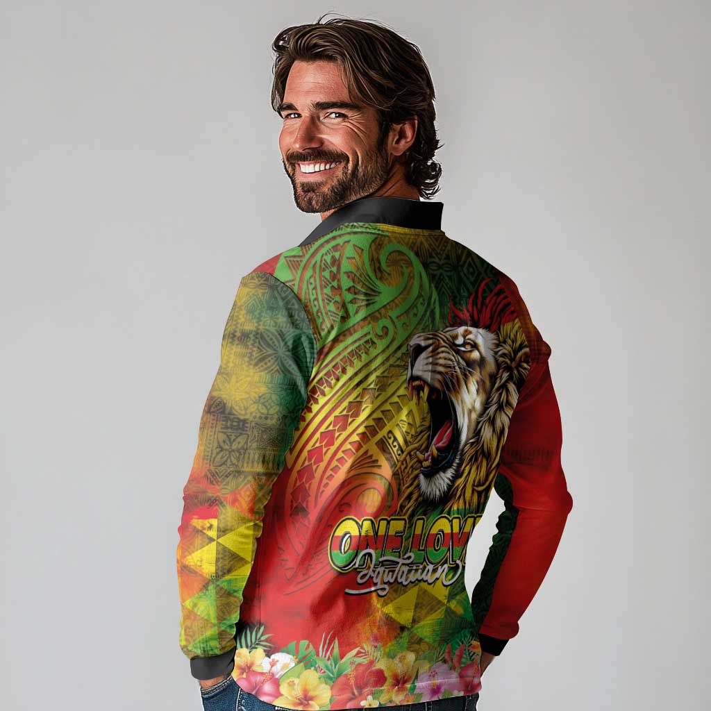Hawaiian Reggae Long Sleeve Polo Shirt Jawaiian One Love-Tribal Tatoos and Rastafari Lion - Polynesian Pride
