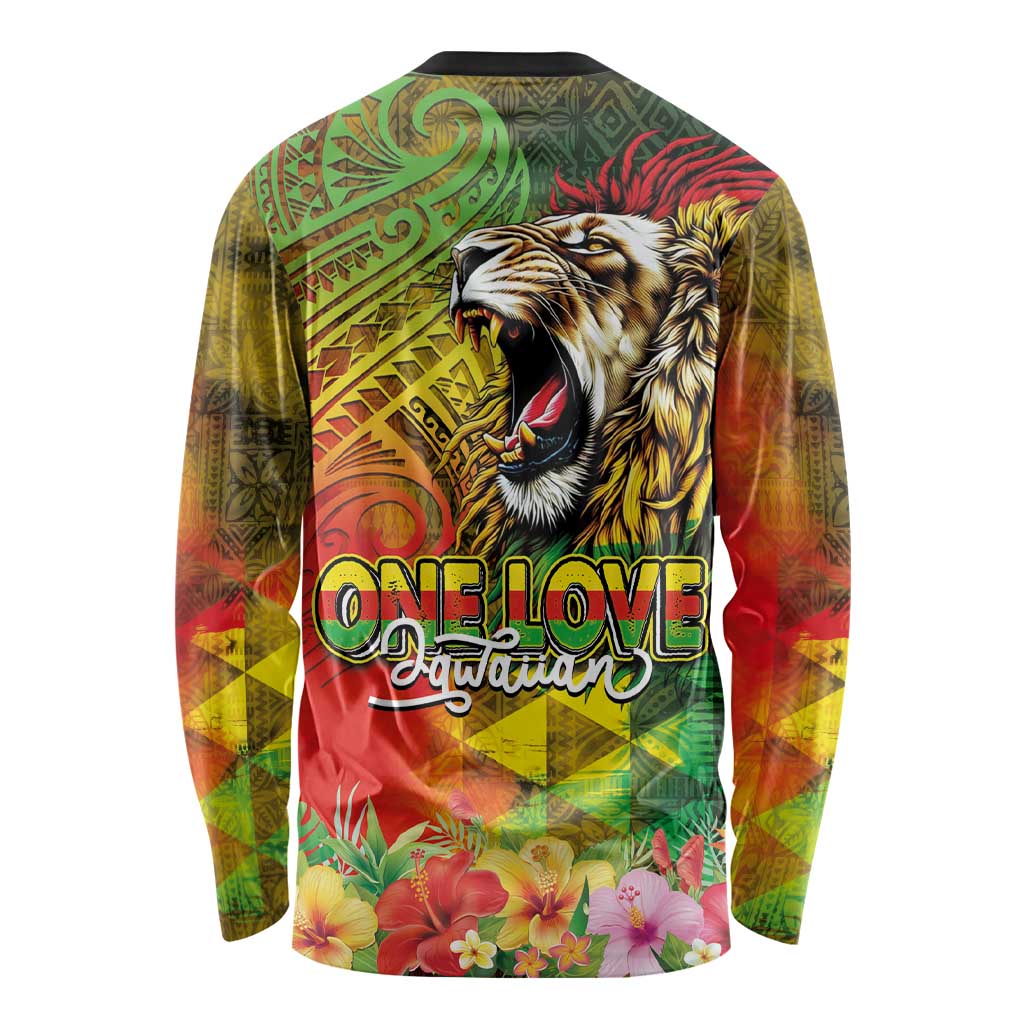 Hawaiian Reggae Long Sleeve Shirt Jawaiian One Love-Tribal Tatoos and Rastafari Lion - Polynesian Pride