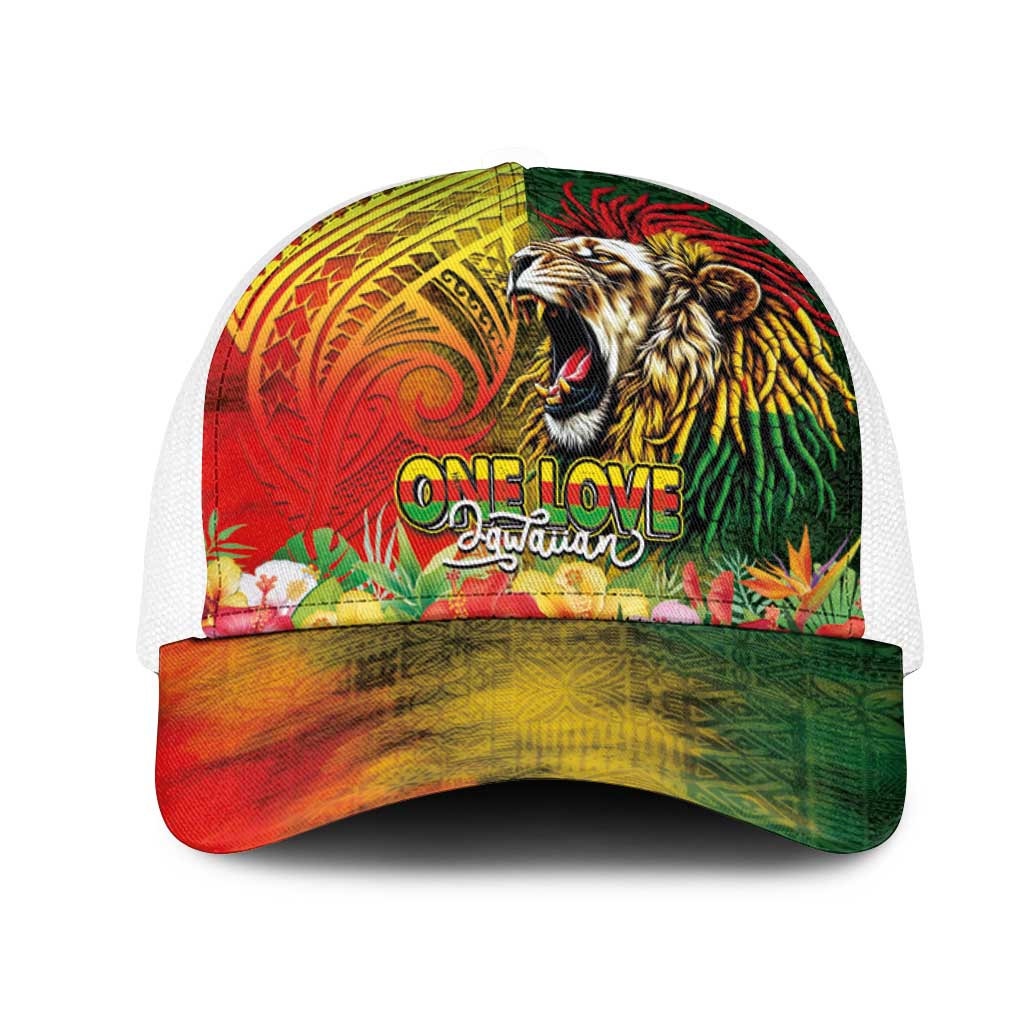 Hawaiian Reggae Mesh Trucker Cap Jawaiian One Love-Tribal Tatoos and Rastafari Lion - Polynesian Pride
