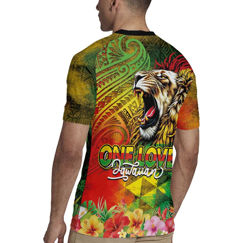 Hawaiian Reggae Rugby Jersey Jawaiian One Love-Tribal Tatoos and Rastafari Lion - Polynesian Pride