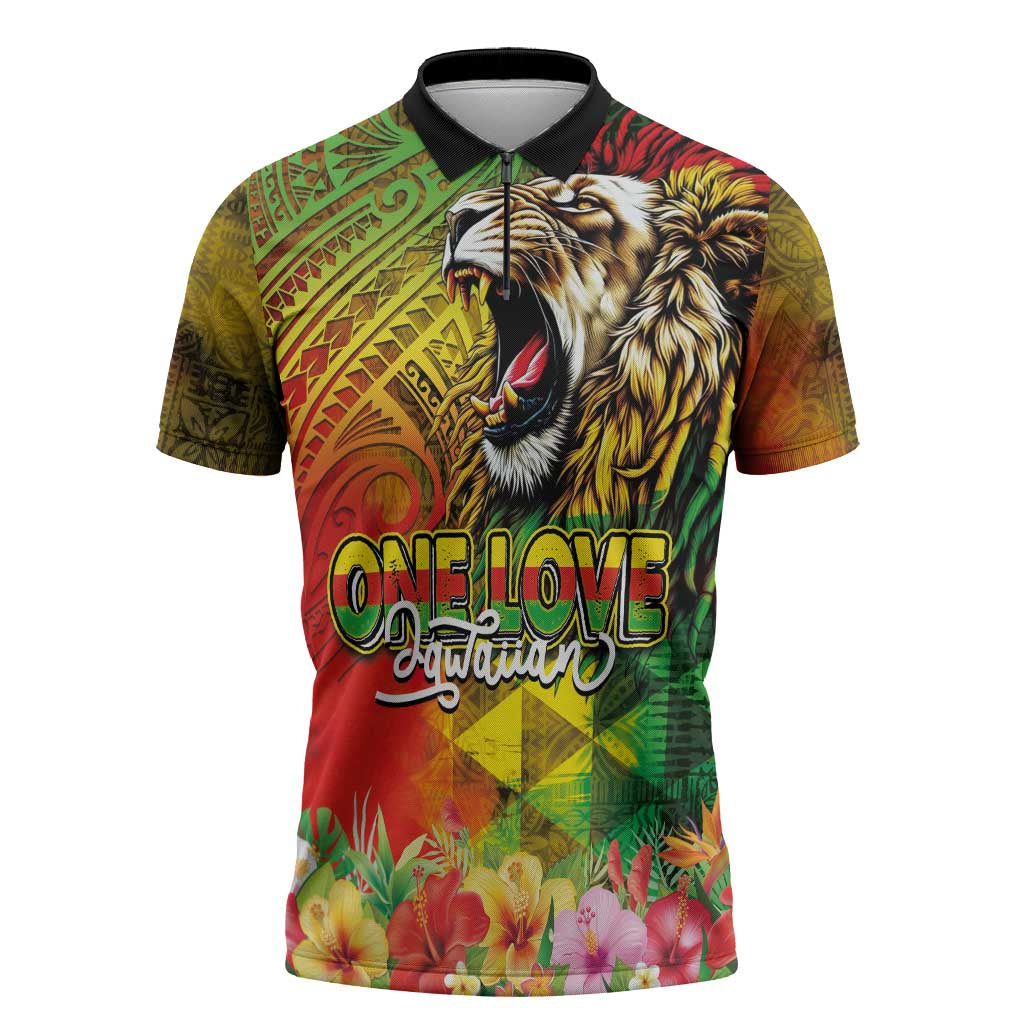 Hawaiian Reggae Zipper Polo Shirt Jawaiian One Love-Tribal Tatoos and Rastafari Lion - Polynesian Pride