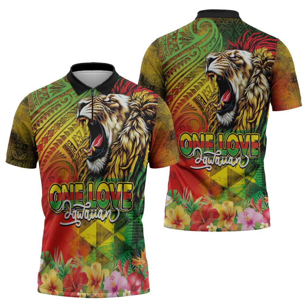 Hawaiian Reggae Zipper Polo Shirt Jawaiian One Love-Tribal Tatoos and Rastafari Lion - Polynesian Pride