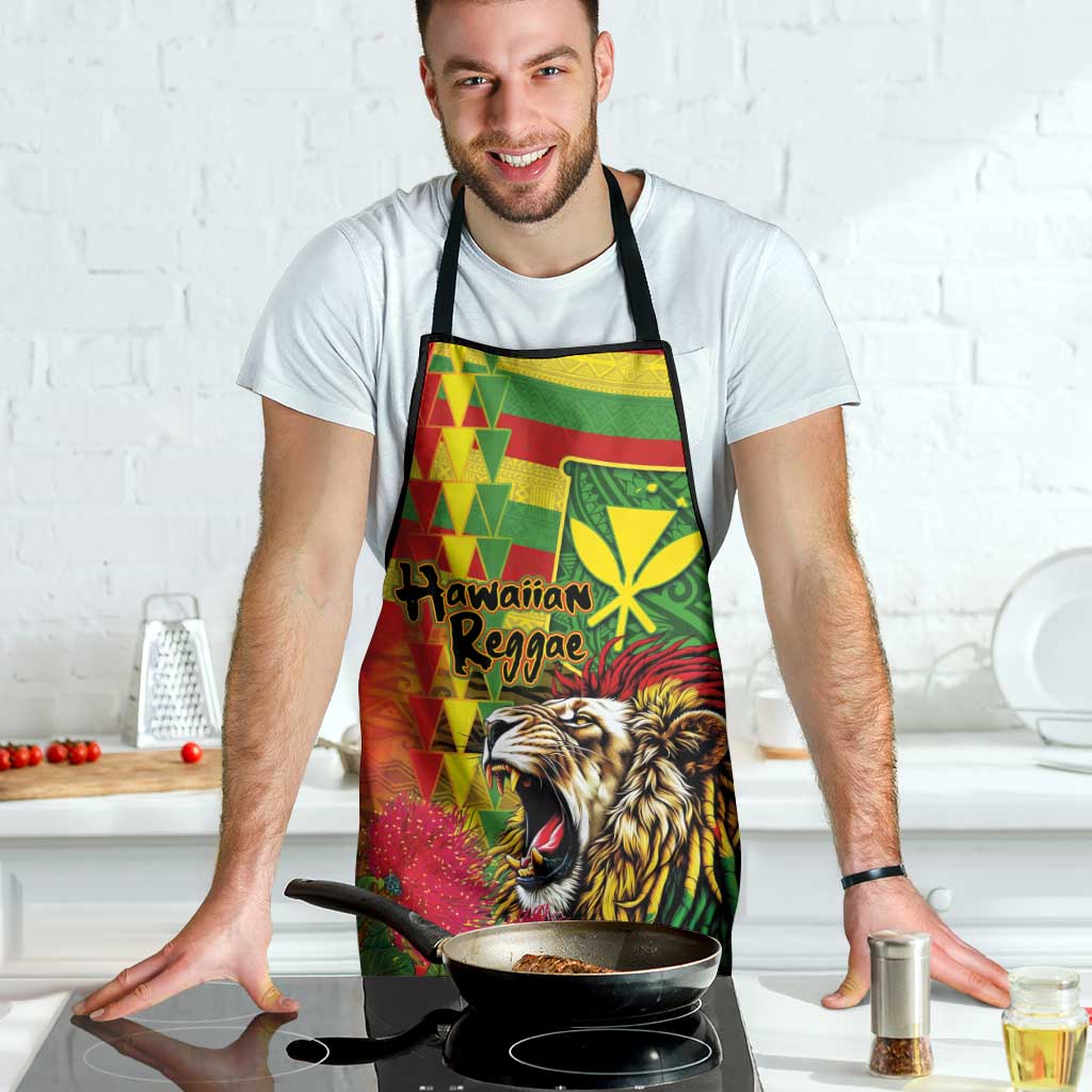 Hawaiian Reggae Apron Kakau Art Motifs with Ohia Lehua and Rastafari Lion - Polynesian Pride
