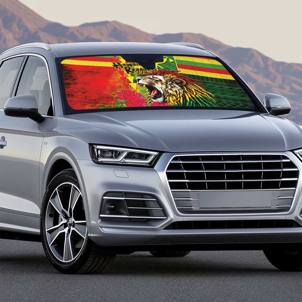 Hawaiian Reggae Auto Sun Shade Kakau Art Motifs with Ohia Lehua and Rastafari Lion - Polynesian Pride