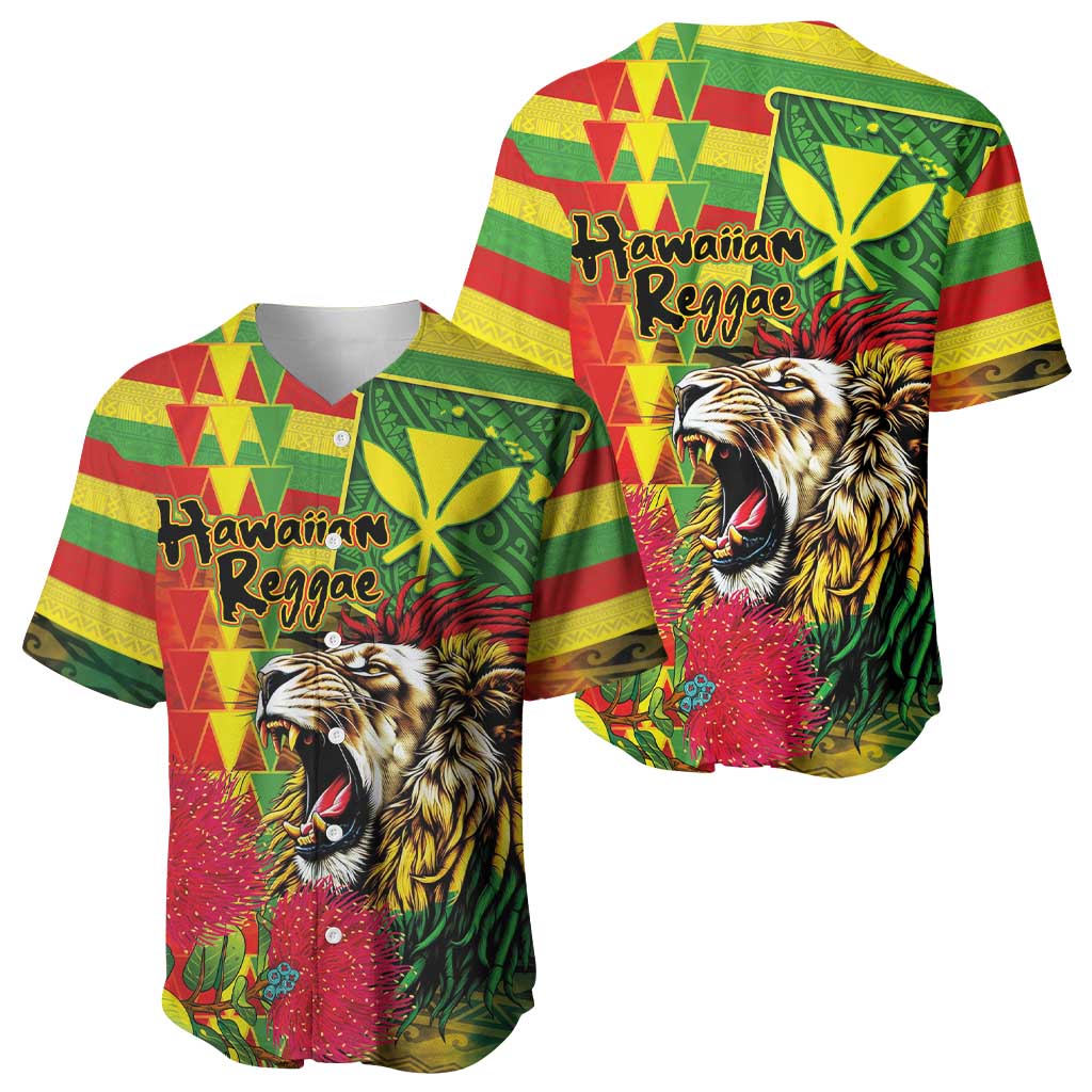 Hawaiian Reggae Baseball Jersey Kakau Art Motifs with Ohia Lehua and Rastafari Lion - Polynesian Pride