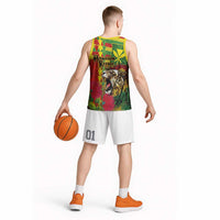 Hawaiian Reggae Basketball Jersey Kakau Art Motifs with Ohia Lehua and Rastafari Lion - Polynesian Pride