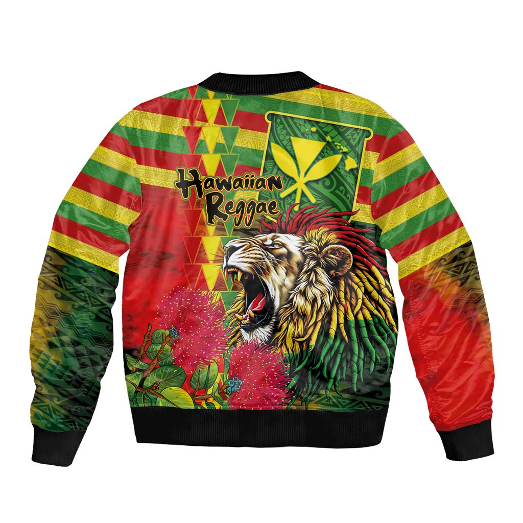 Hawaiian Reggae Bomber Jacket Kakau Art Motifs with Ohia Lehua and Rastafari Lion LT03 - Polynesian Pride