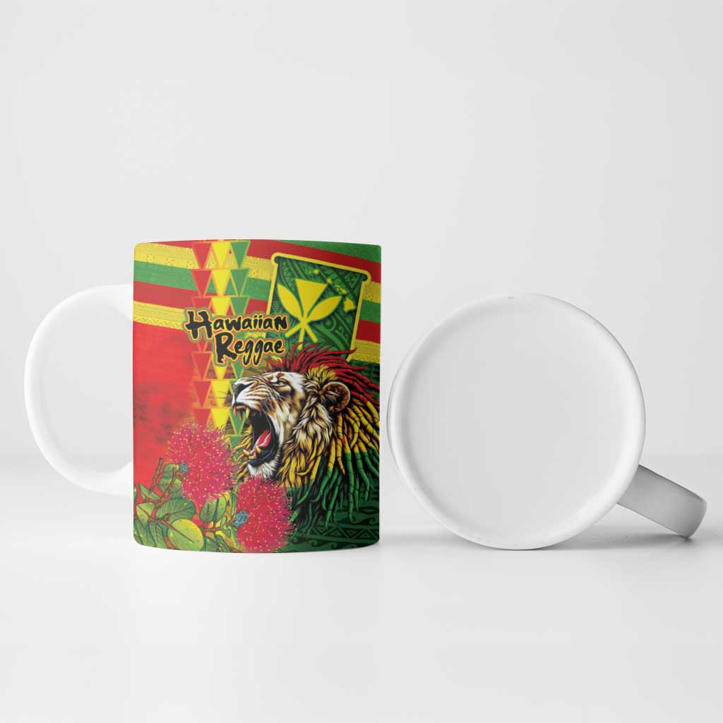 Hawaiian Reggae Ceramic Mug Kakau Art Motifs with Ohia Lehua and Rastafari Lion LT03 - Polynesian Pride