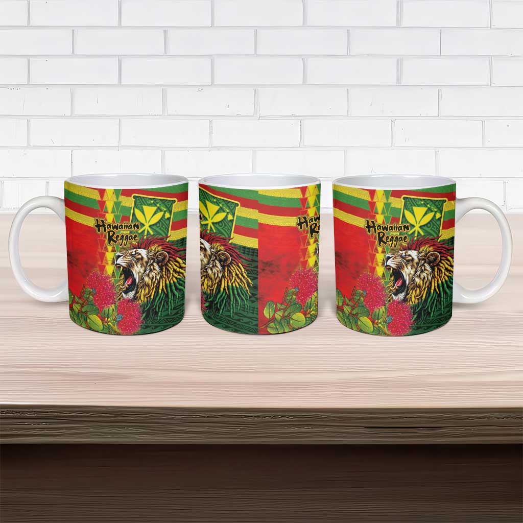 Hawaiian Reggae Ceramic Mug Kakau Art Motifs with Ohia Lehua and Rastafari Lion LT03 - Polynesian Pride