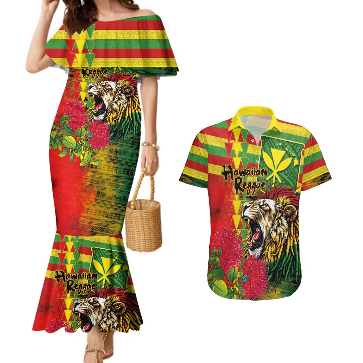 Hawaiian Reggae Couples Matching Mermaid Dress and Hawaiian Shirt Kakau Art Motifs with Ohia Lehua and Rastafari Lion LT03 Multicolor - Polynesian Pride