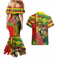 Hawaiian Reggae Couples Matching Mermaid Dress and Hawaiian Shirt Kakau Art Motifs with Ohia Lehua and Rastafari Lion LT03 - Polynesian Pride