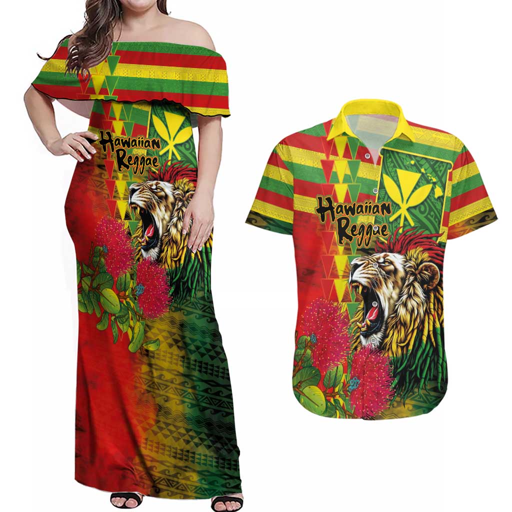 Hawaiian Reggae Couples Matching Off Shoulder Maxi Dress and Hawaiian Shirt Kakau Art Motifs with Ohia Lehua and Rastafari Lion - Polynesian Pride