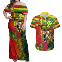 Hawaiian Reggae Couples Matching Off Shoulder Maxi Dress and Hawaiian Shirt Kakau Art Motifs with Ohia Lehua and Rastafari Lion - Polynesian Pride