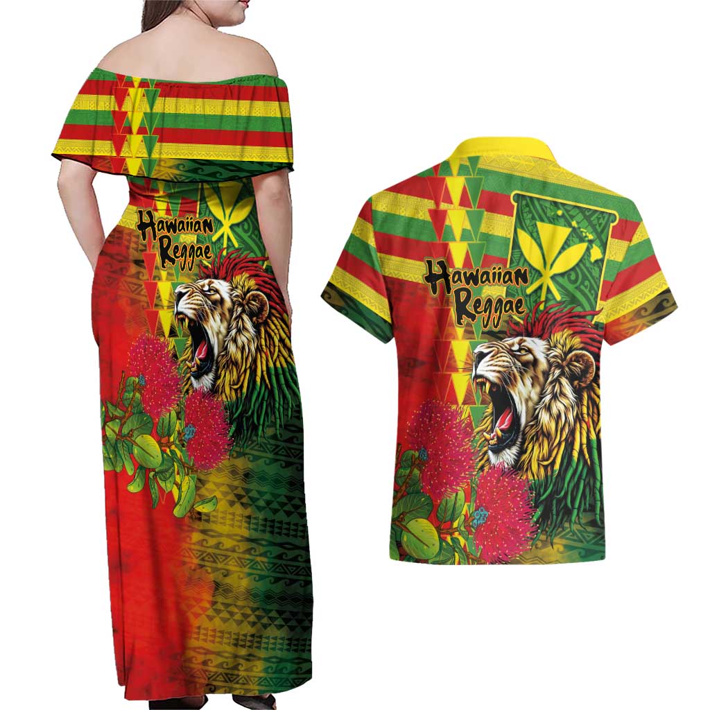 Hawaiian Reggae Couples Matching Off Shoulder Maxi Dress and Hawaiian Shirt Kakau Art Motifs with Ohia Lehua and Rastafari Lion - Polynesian Pride